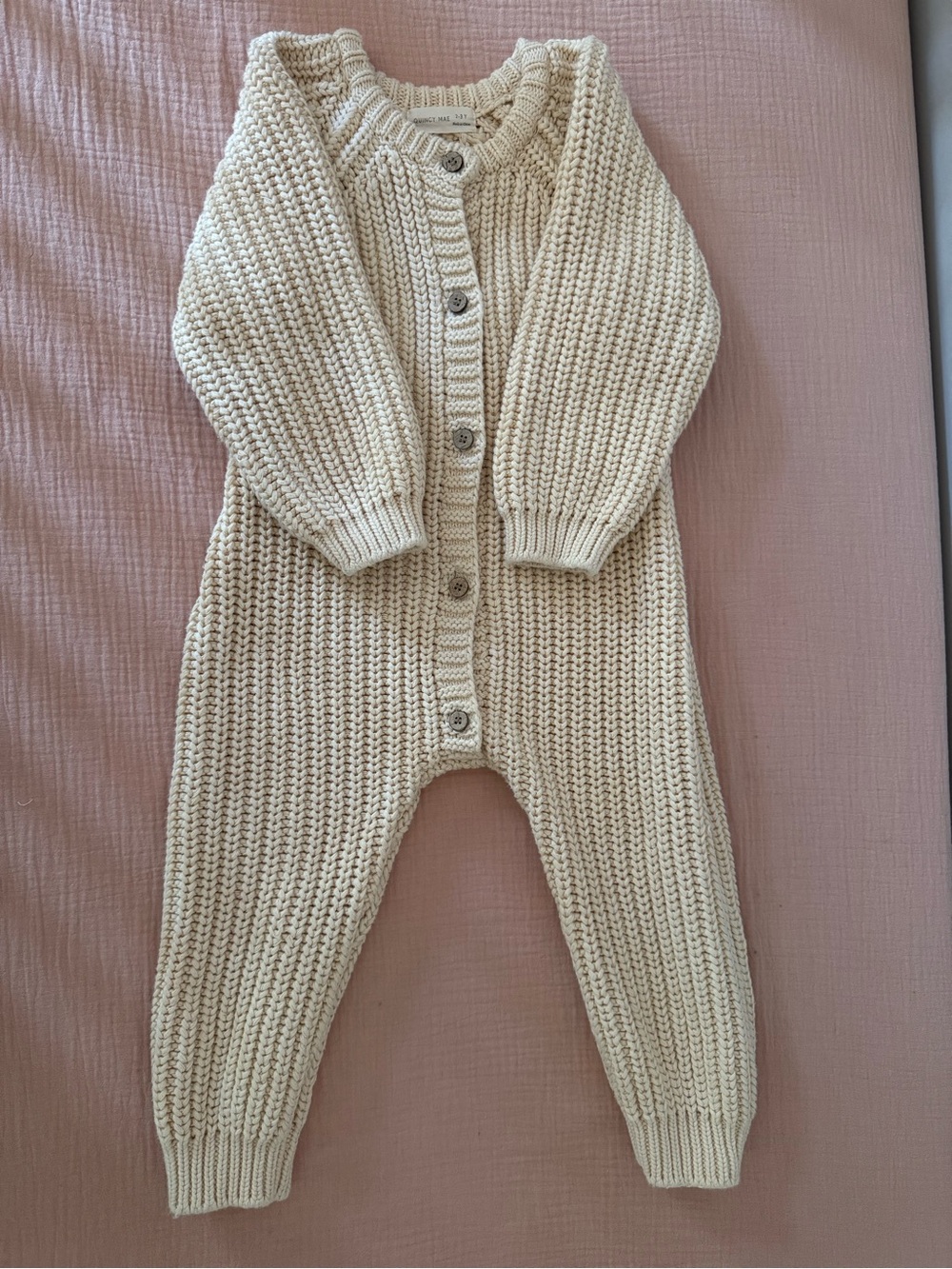 Quincy Mae Cream Knit Button-Front One-Piece